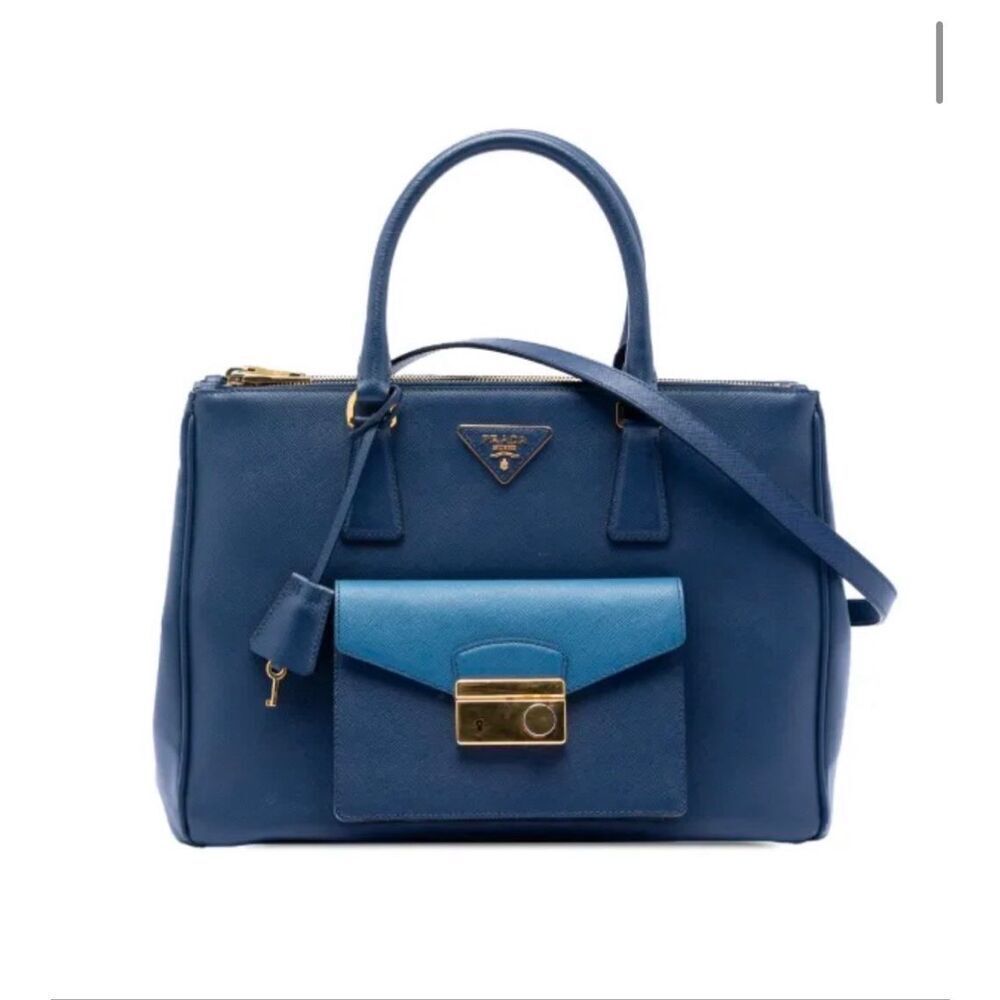 Prada Saffiano Lux Galleria Double Zip Front Pocket satchel Blue
